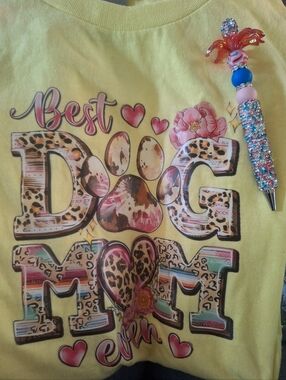 Best Dog Mom Ever T-shirt Large Yellow & Pink Flower Bling Black Ink Pen NWOT